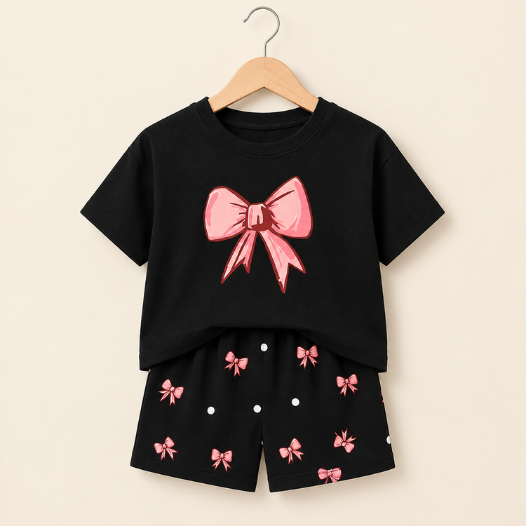 Black kids T-shirt and shorts set with pink bows on a beige catalog background