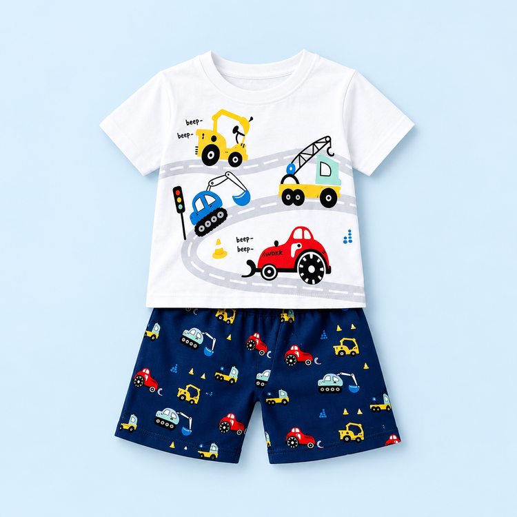 White construction vehicle print kids T-shirt and navy vehicle print shorts on pale blue background