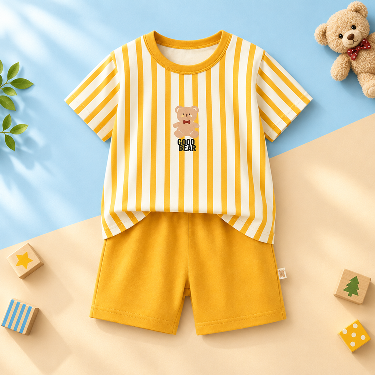 Kids mustard yellow striped Good Bear tee and shorts set on a stylish two-tone background