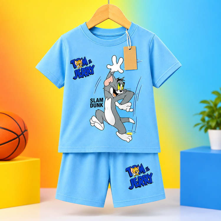 Sky blue Tom and Jerry Slam Dunk graphic tee and shorts set on hanger with bright background