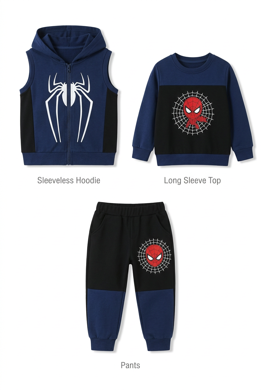Navy three-piece catalog set with a sleeveless hoodie, long-sleeve top and trousers