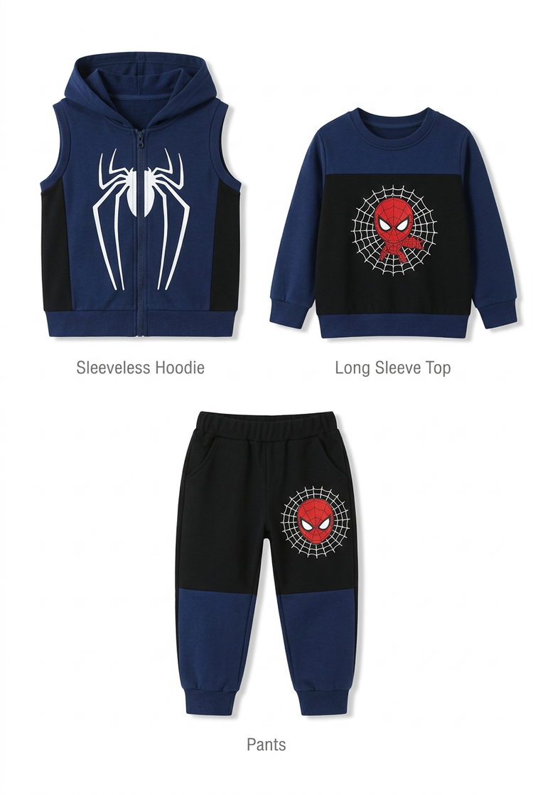 Navy three-piece catalog set with a sleeveless hoodie, long-sleeve top and trousers
