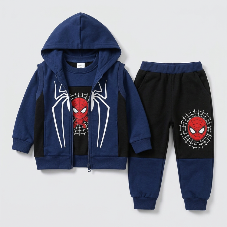 Navy three-piece outfit styled like the second catalog photo