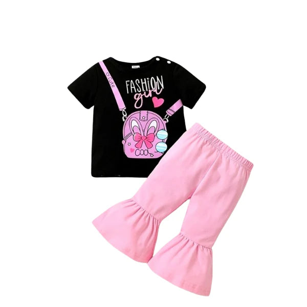 Fashion Girl Kids 2-Piece Outfit Set – Black Graphic Tee & Pink Bell Pants