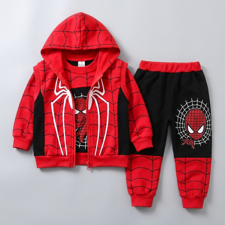 Red-and-black three-piece outfit in a clean winter catalog style